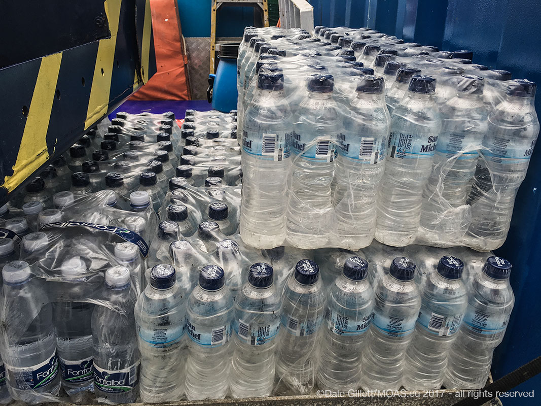 When we first welcome our beneficiaries on board, they are provided with a bottle of water, which they can then refill from on-board water dispensers as they need. Many people are suffering from dehydration when MOAS first reaches them