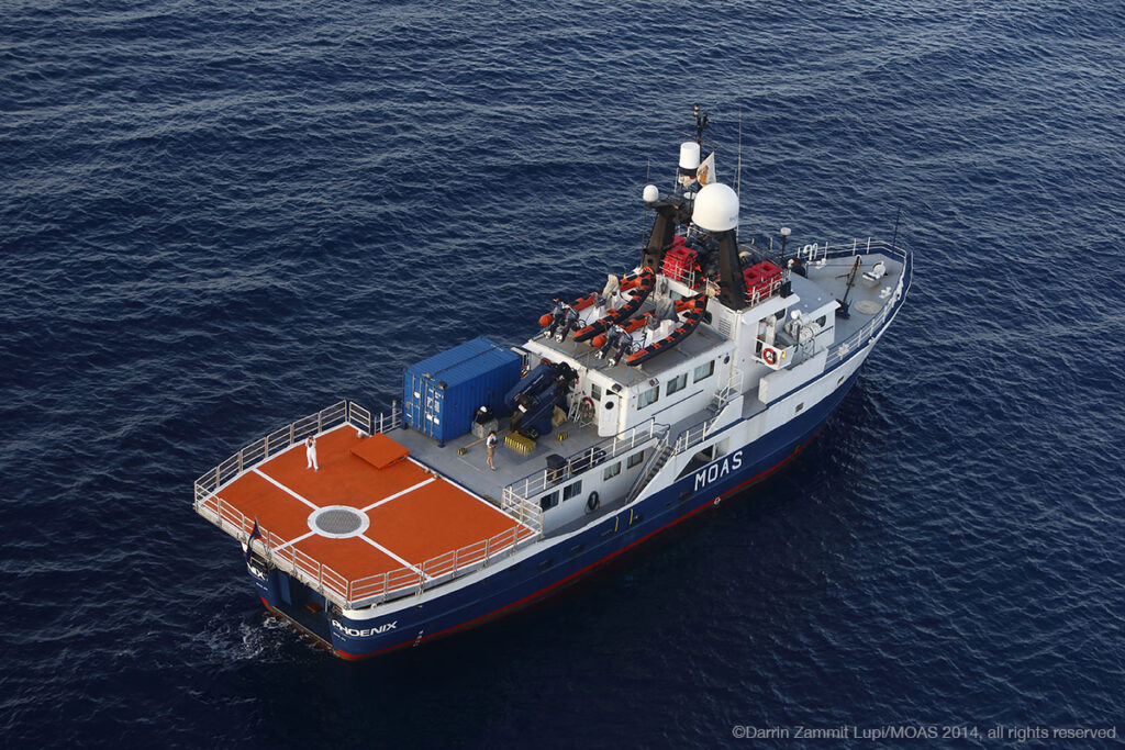 The MOAS rescue vessel, Phoenix, sails into the Mediterranean Sea on its first lifesaving mission in 2014.
